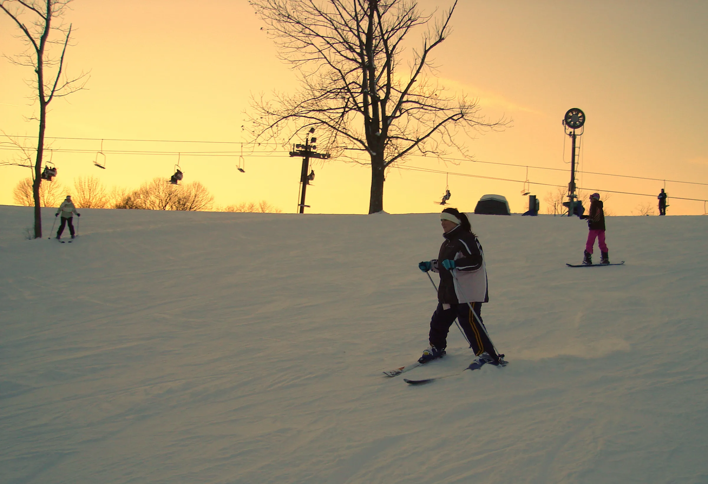 Skiers on the snowy runs at Perfect North Slopes, Indiana